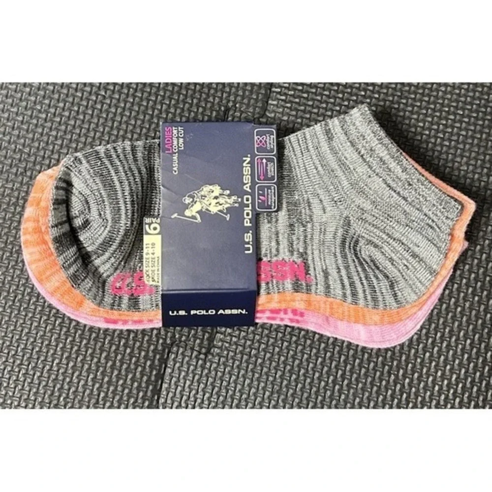 US‎ Polo Assn Womens 6 Pair Low Cut Socks Grey Pink Orange Space Dye Size 9-11